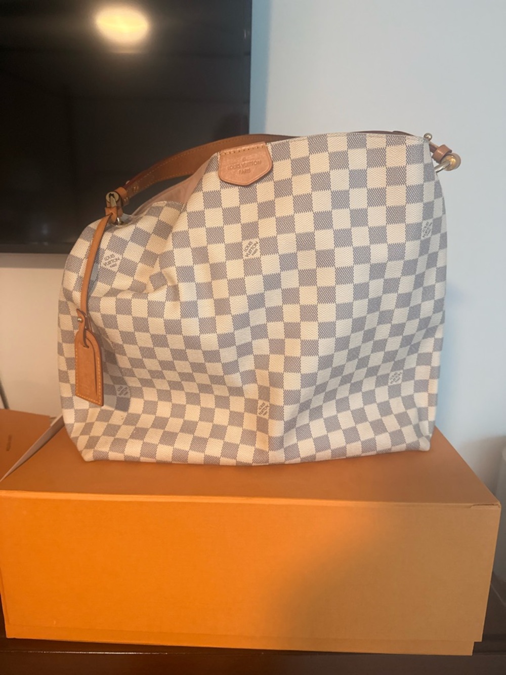 Louis Vuitton Damier Azur Canvas Shoulder Bag in White and Tan Leather Trim